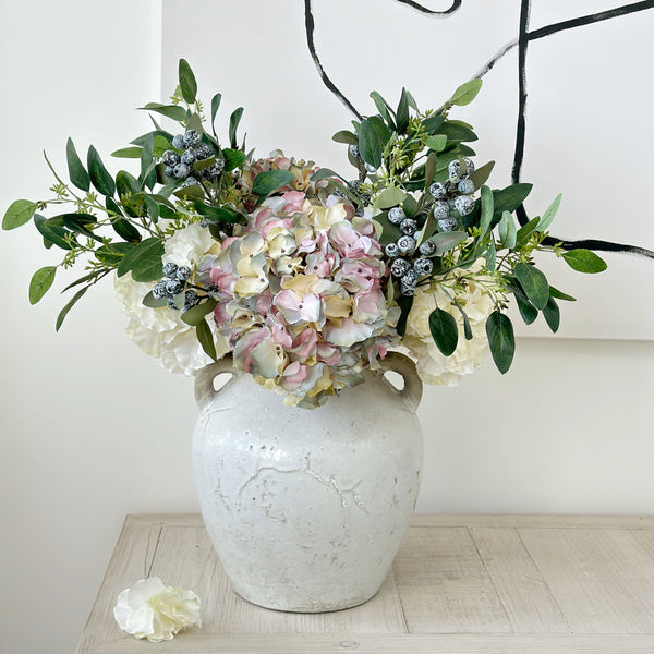 Hydrangea, Berry and Eucalyptus Faux Flower Arrangement