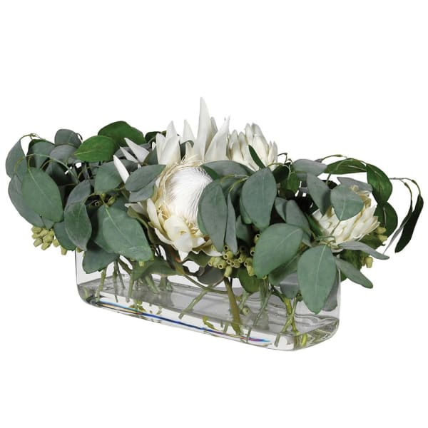 Eucalyptus and Protea pre-set in Oblong Glass Vase