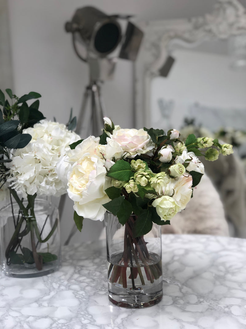 White English Rose and Hops Arrangement Pre-set in Vase