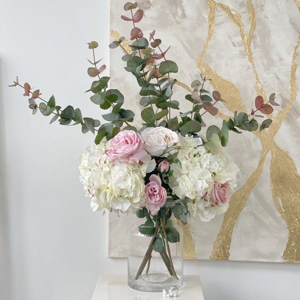 ' I'm Blushing ' Pink Rose and Hydrangea Faux Flower Arrangement