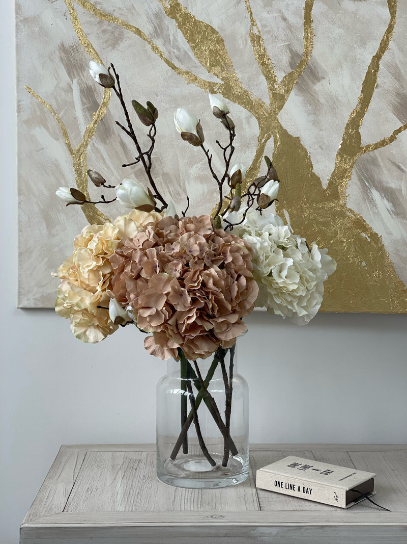 Magnolia, Chocolate, Caramel and White Hydrangea Faux Flower Arrangement