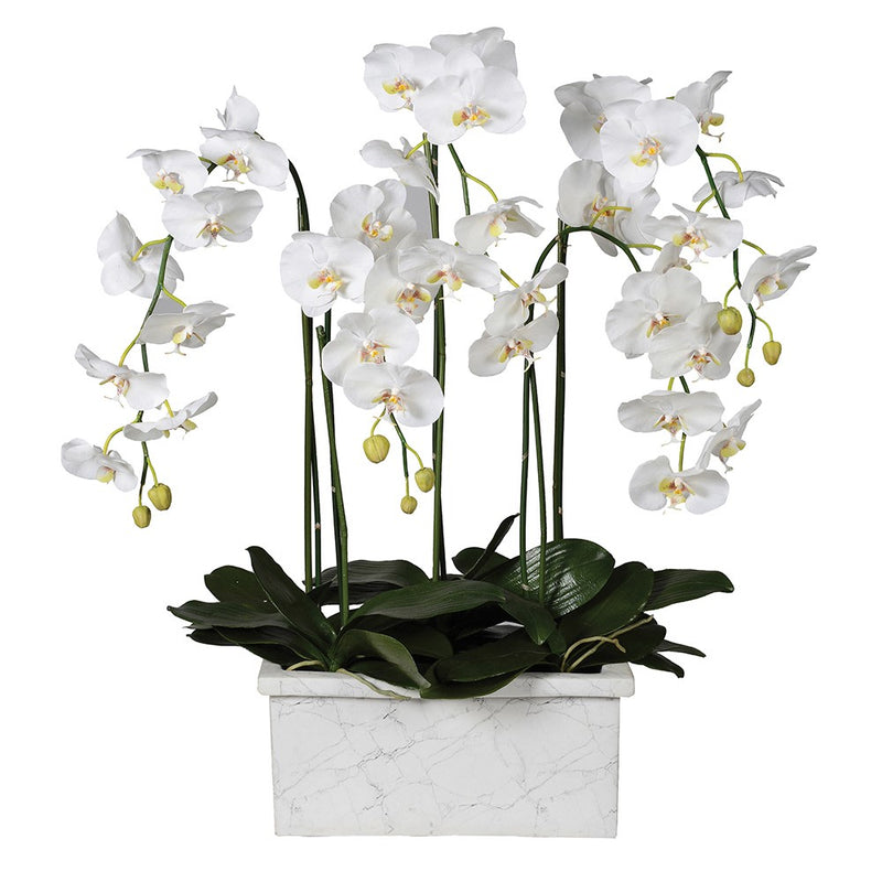 White Faux Orchid Phalaenopsis Plant in Marble Look Planter