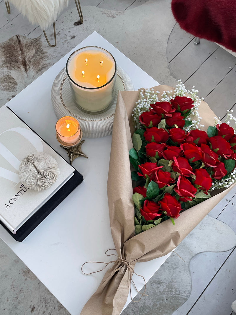 Red Love Heart Rose Gypsophila Faux Flower Bouquet