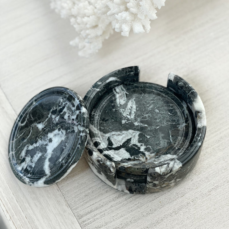 Set Of 4 Black Solid Marble Coasters