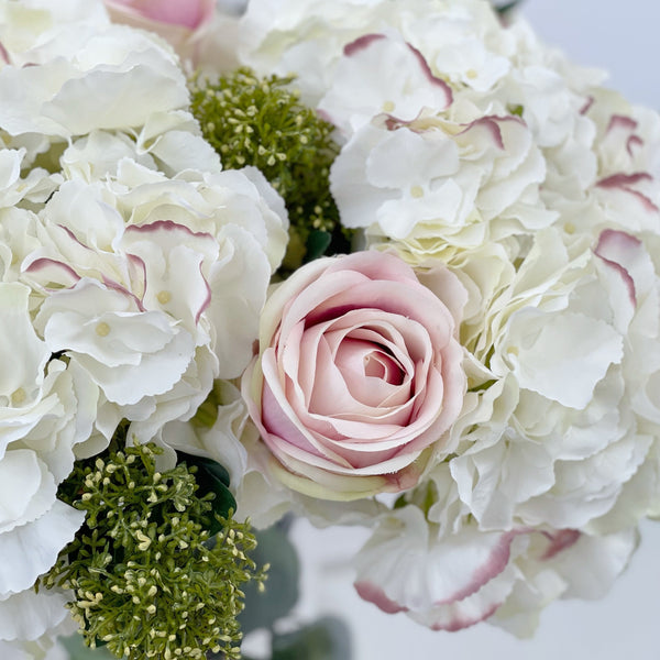 Signature Hydrangea, Pink Rose and Skimmia Faux Flower Arrangement