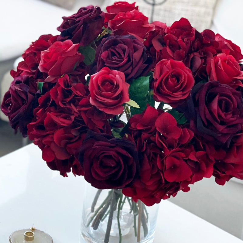 Rouge Romance Roses and Hydrangea Faux Flower Arrangement
