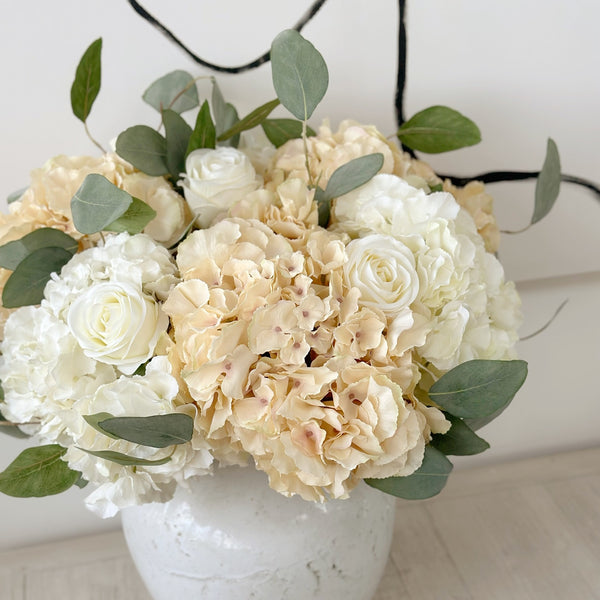 New Love White and Gold Autumn Hydrangea, Rose and Eucalyptus Faux Flower Arrangement