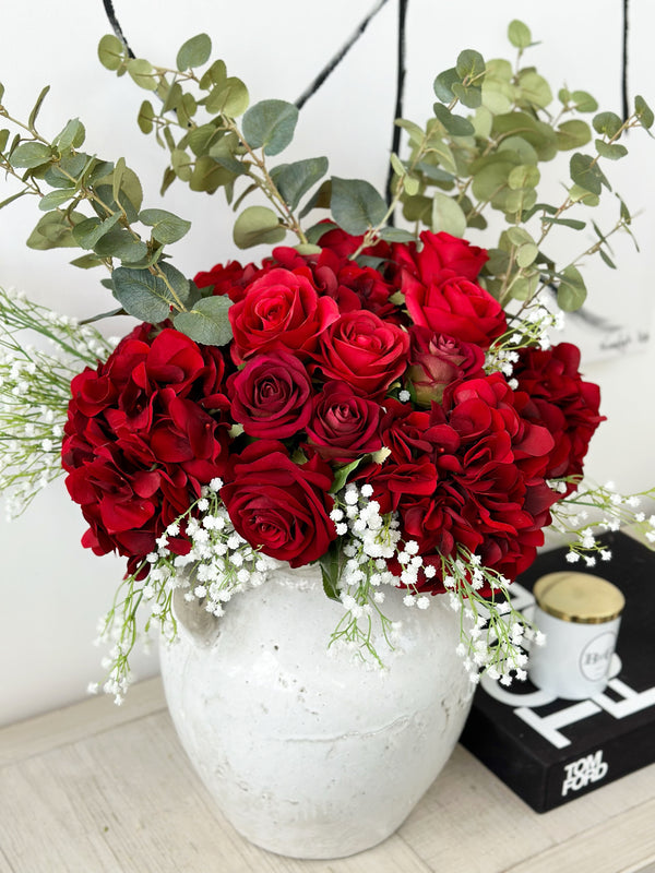 Everlasting Love Roses, Gypsophila and Hydrangea Faux Flower Arrangement