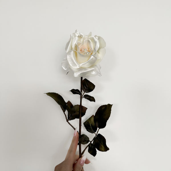 Ivory White Satin and Pearl Faux Rose Stem