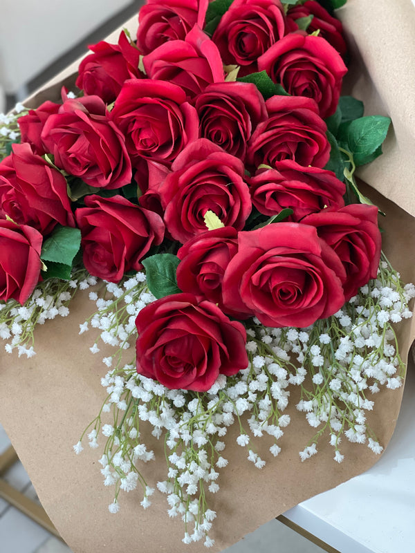 Red Love Heart Rose Gypsophila Faux Flower Bouquet